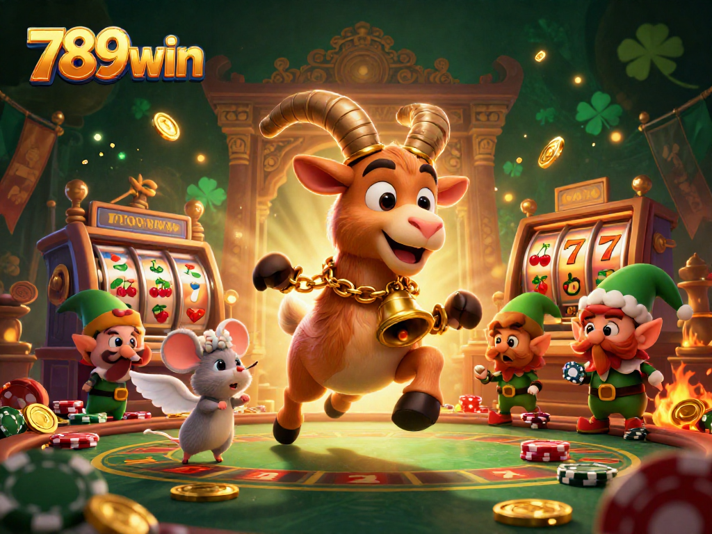 Bet on fun with 789win in this vibrant casino scene featuring Krampus, an angel mouse, and elf gremlins.