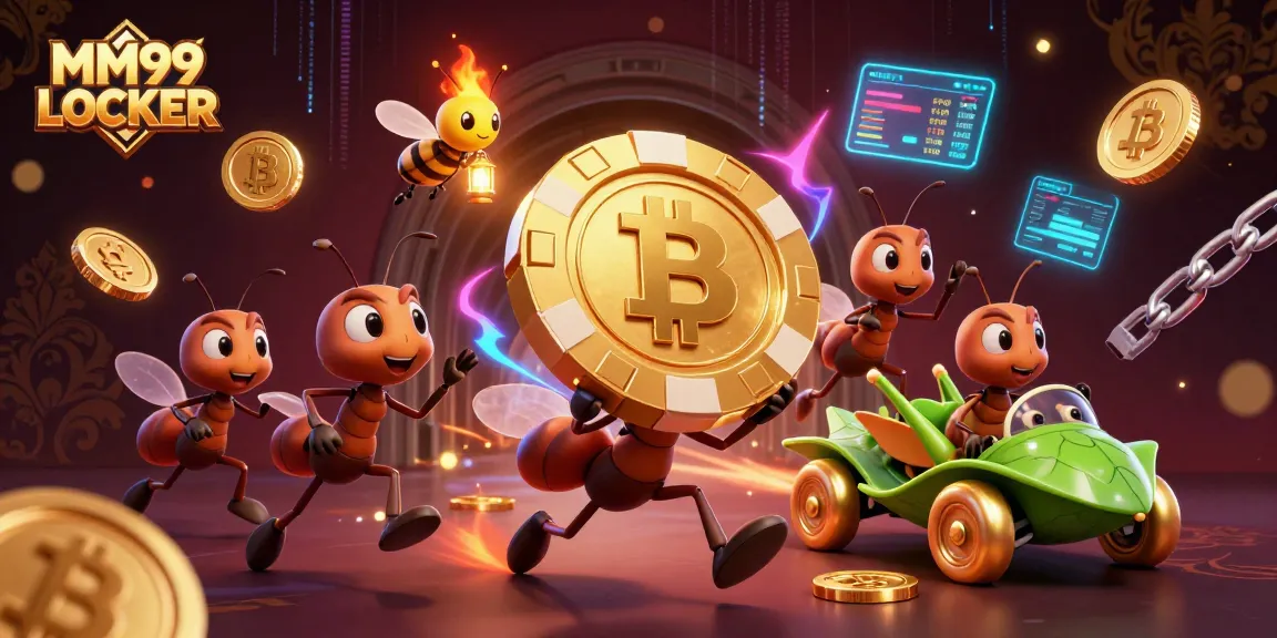 Experience excitement at MM99 LOCKER as ants steal a giant golden poker chip amidst glowing crypto coins.