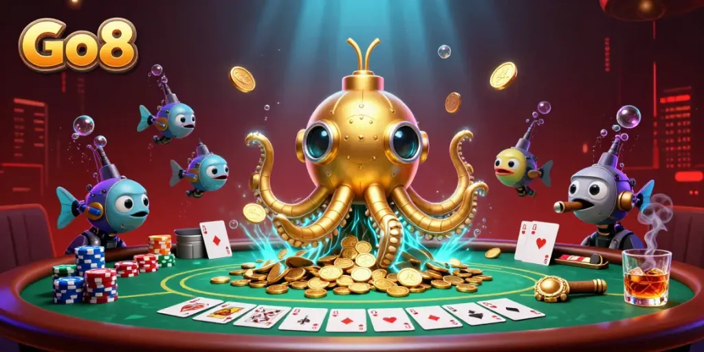 Experience the thrill of Go8 with our golden kraken submarine amidst gold coins and poker elements!