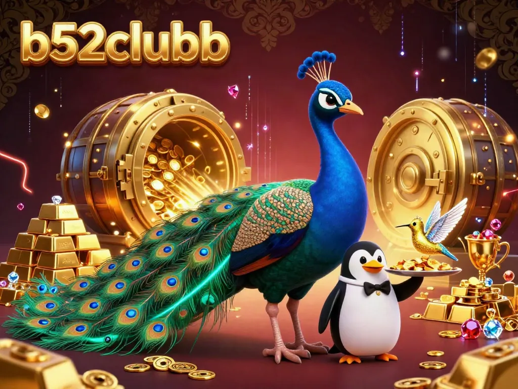 Win big with b52clubb in this vibrant casino scene featuring themed characters and treasures.