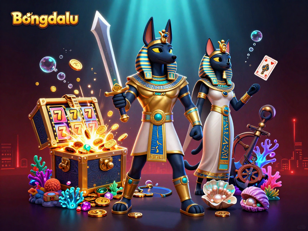 Bongdalu offers an exciting gambling scene with Anubis and Bastet, surrounded by slot reels and treasures.