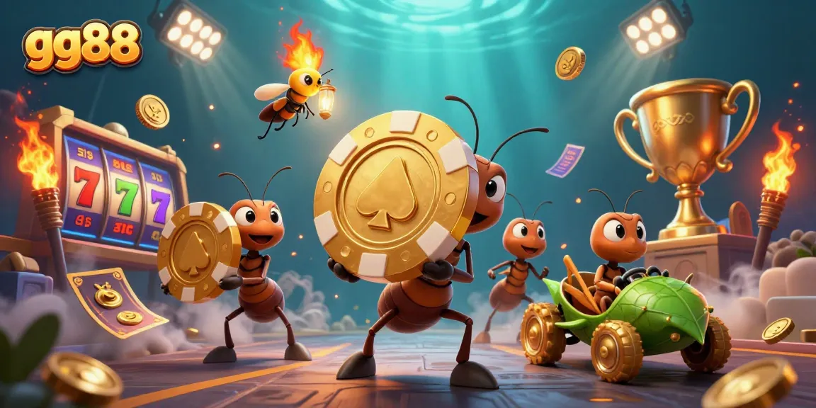 Engage in thrilling action with gg88, where cartoon ants carry a colossal poker chip in a vibrant casino heist scene.