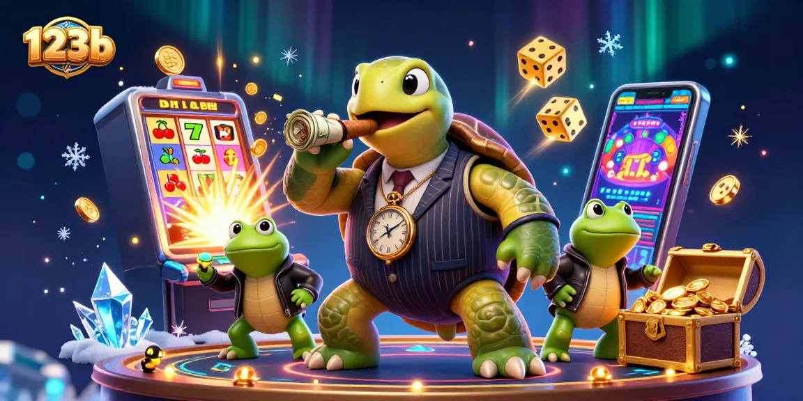 Engage with the vibrant 123b casino world featuring a snapping turtle and enchanting slot machine.