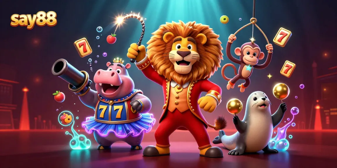 Experience thrilling wins at say88 with exciting slots and a vibrant circus theme illustration.