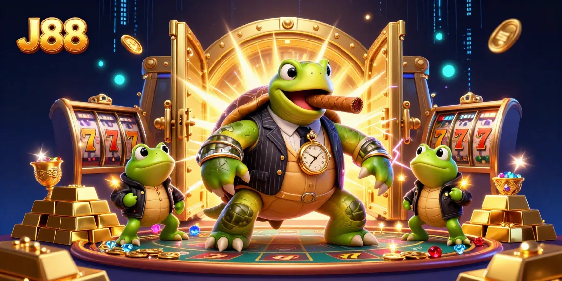 Join the fun at J88 with a vibrant 3D scene showcasing a turtle and bullfrog casino enforcers.