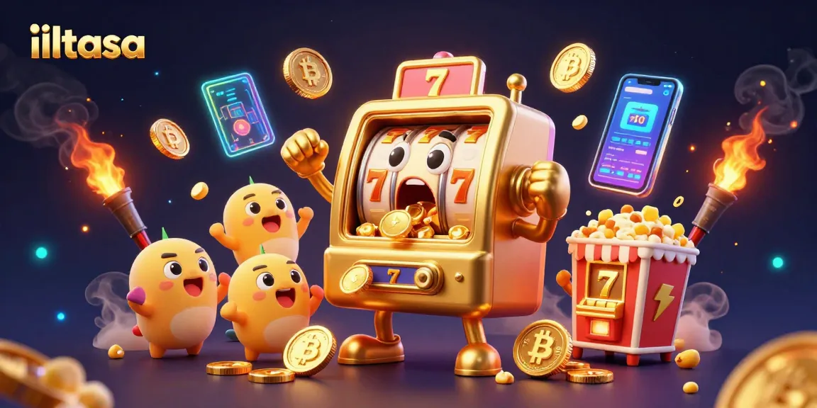 iltasa's golden slot machine hitting a jackpot, surrounded by cheerful baby slots and Bitcoin coins.