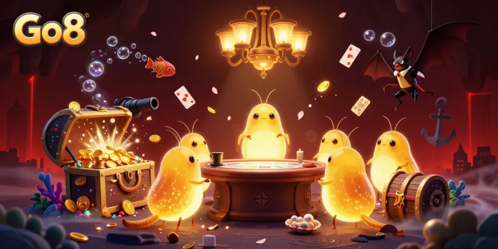 Experience the vibrant Go8 casino scene with animated glowworms and bioluminescent effects, illuminating thrilling gaming.