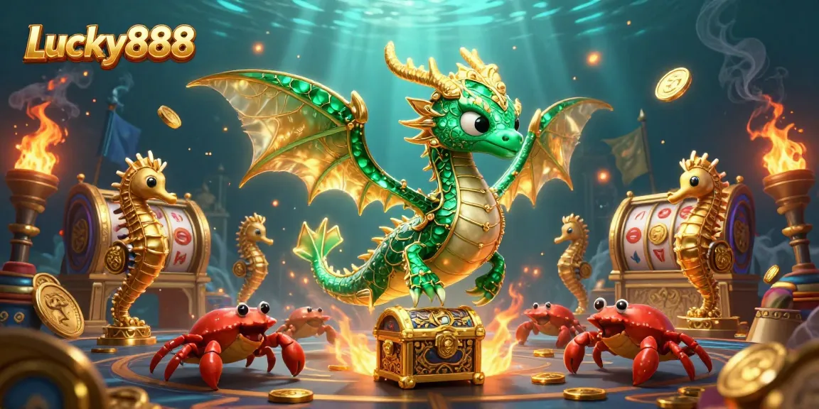 Engage with Lucky888, a vibrant underwater casino scene featuring a majestic sea dragon and gold tokens.