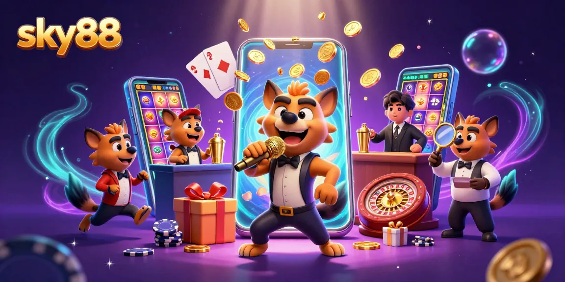 Experience exciting games at sky88 with lively hyena characters in a dynamic casino scene.