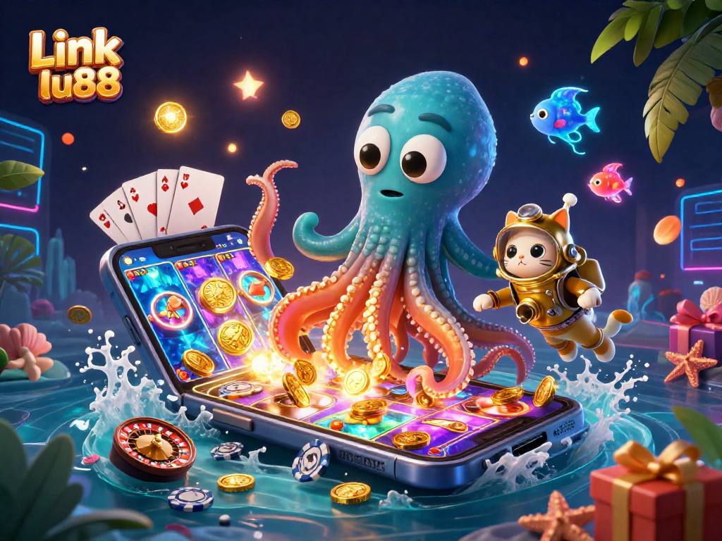 Engage with Link lu88 through thrilling slot games, featuring a kraken, diving cat, and vibrant casino elements.