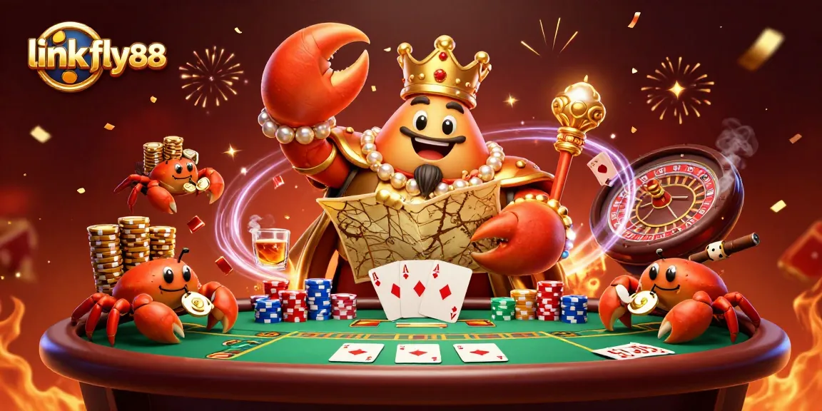 Engage in exciting gameplay at link fly88 with a vibrant illustration of a cartoon crab emperor surrounded by poker chips.