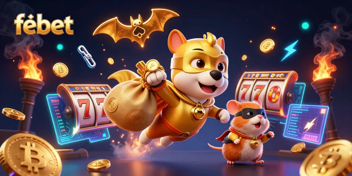 Experience the thrill of febet with superhero dog flying by slot reels and crypto coins.