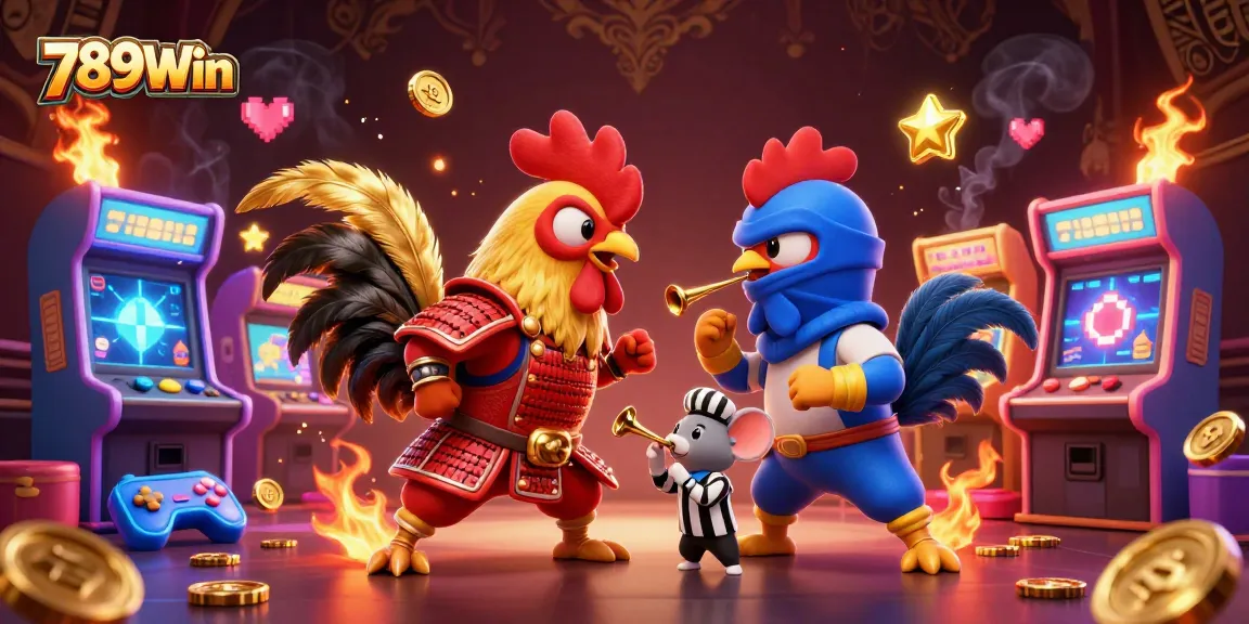 Experience the thrilling showdown of golden roosters in 789Win's animated casino scene.