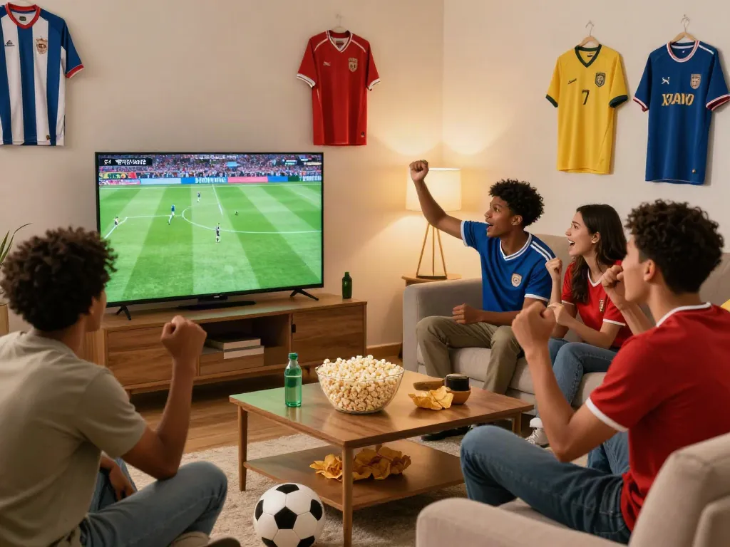 Group of friends watching gà vàngtv football match live in a cozy living room.