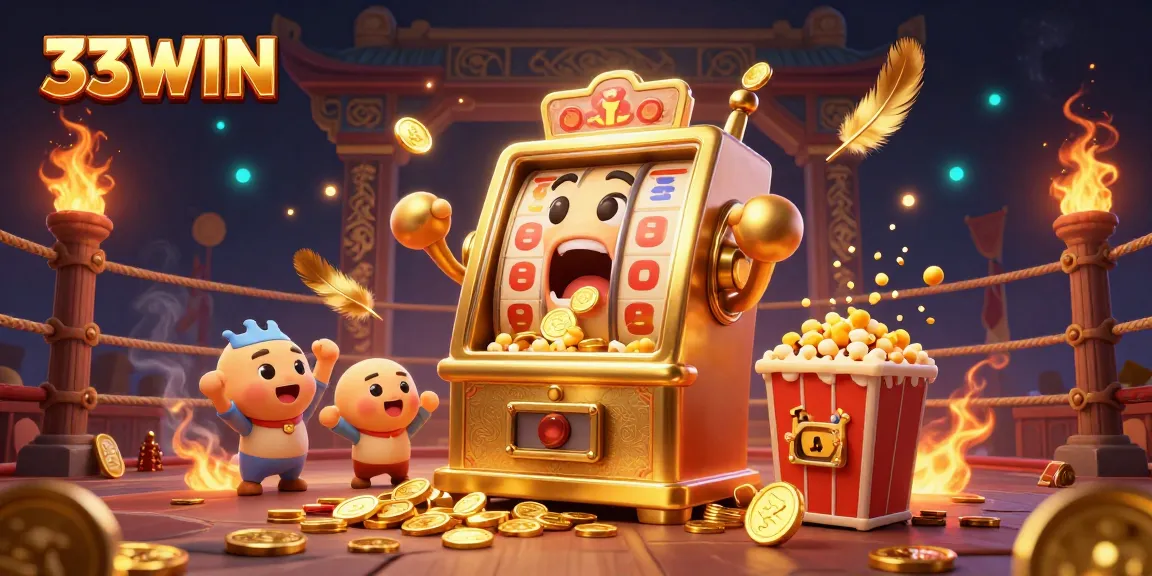Experience the thrill of 33WIN with a golden slot machine hitting jackpots amidst a festive casino scene.