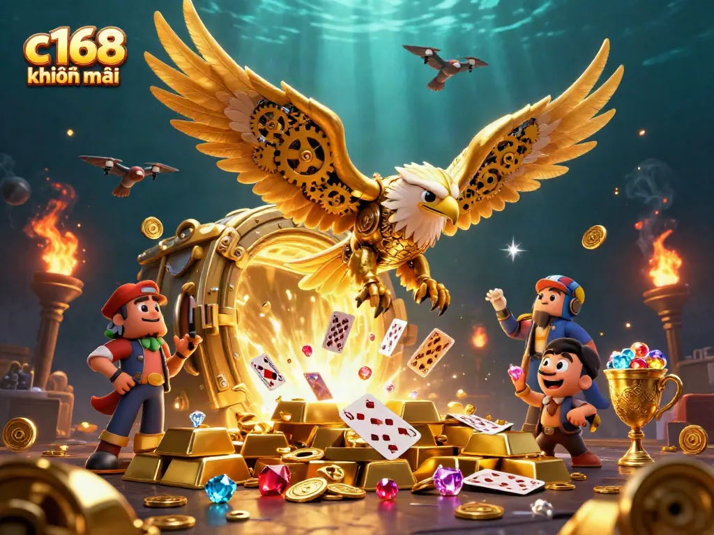 Engage in thrilling c168 khuyến mãi with a dazzling scene of cybernetic characters and treasure.
