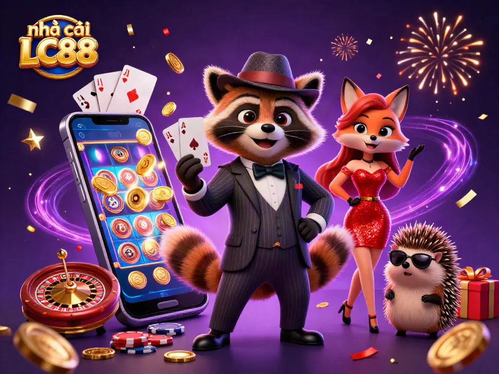 Experience top-tier excitement at nhà cái LC88 with a vibrant casino illustration featuring animated characters and games.