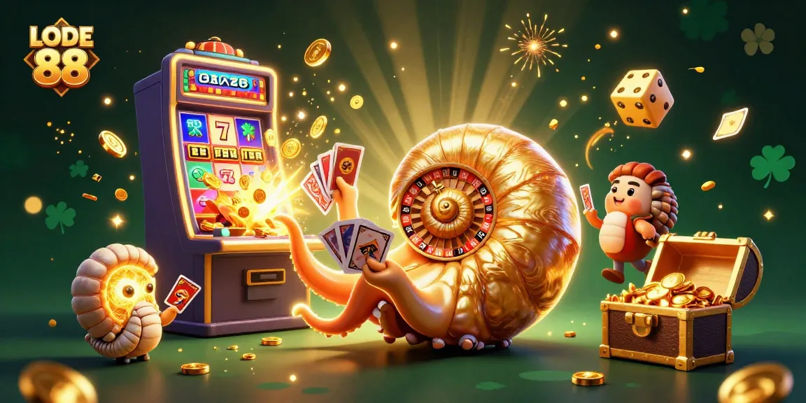 Experience LODE 88 with dazzling jackpots and golden spiral shells in a vibrant casino scene.