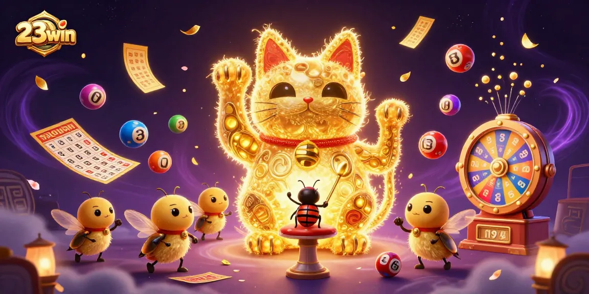 Experience stunning 23win casino magic with golden fireflies, lottery balls, and prizes in an animated celebration.