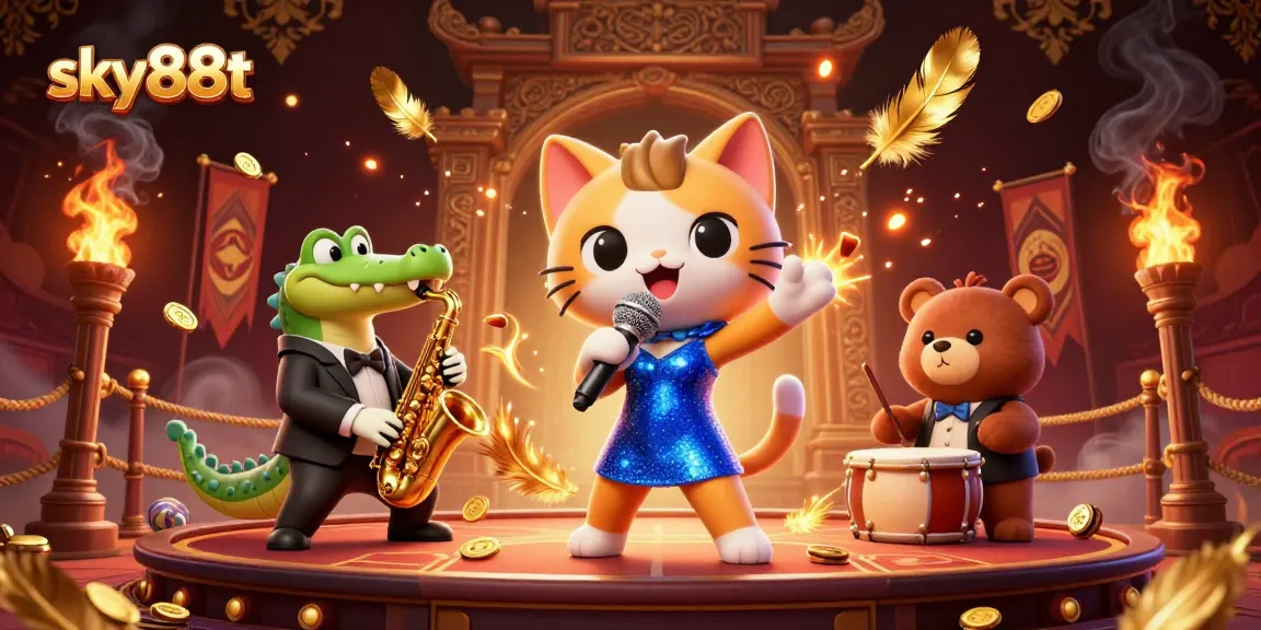 Experience excitement at sky88t with lively characters and dynamic casino elements in this stunning 3D illustration.