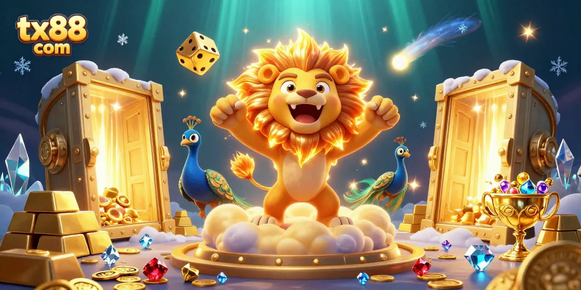 Play slots and win big at tx88 com with vibrant 3D illustration of casino elements, gold bars, and lucky dice.