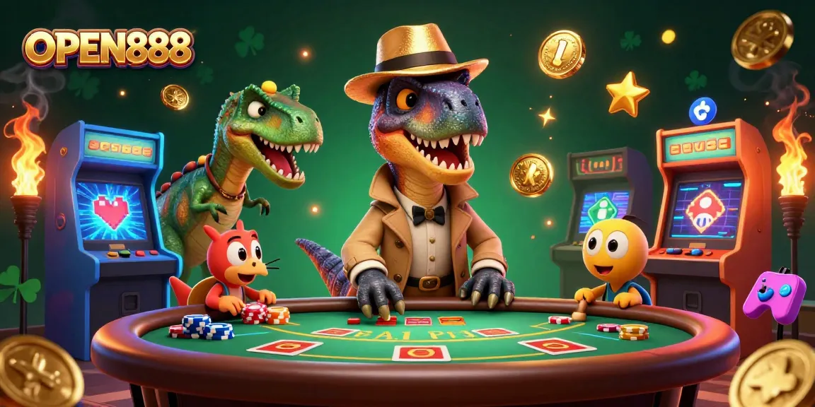 Win at OPEN888 with a clever velociraptor card counter and entertaining characters in a vibrant casino scene.
