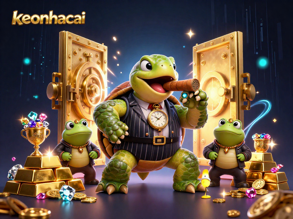 Bet on keonhacai with a vibrant cartoon turtle and bullfrog enforcers amid gold treasures.
