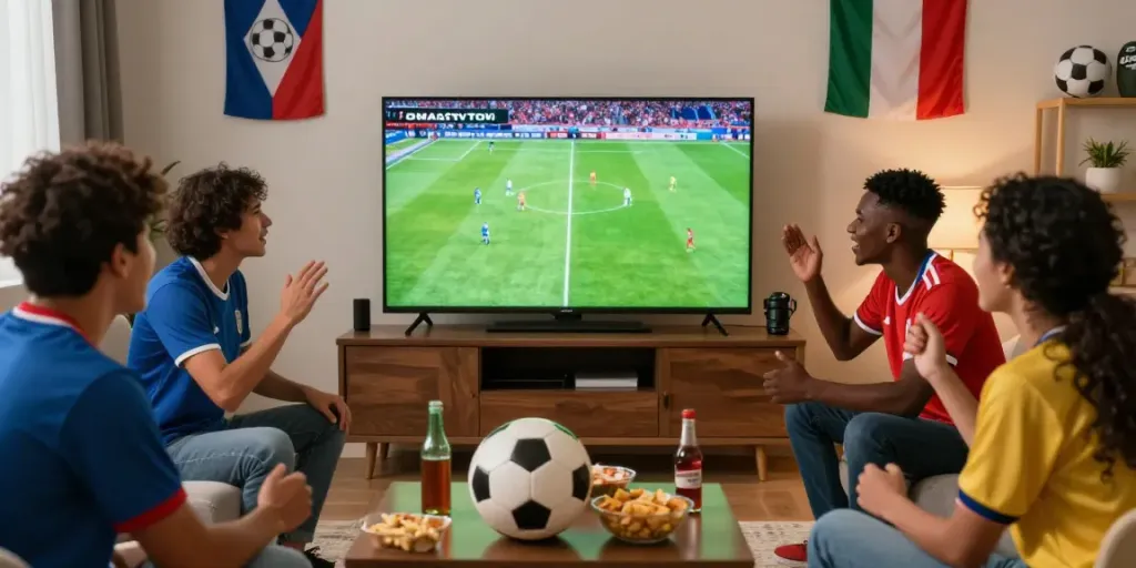 Friends enjoying a live soccer match on CakhiaTV, showcasing vibrant atmosphere and community spirit.
