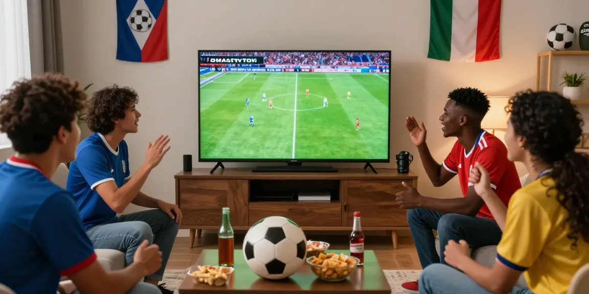 Friends enjoying a live soccer match on CakhiaTV, showcasing vibrant atmosphere and community spirit.