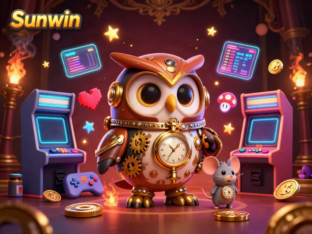 Engage in exciting gameplay at Sunwin with a vibrant 3D casino scene featuring steampunk characters and gaming elements.