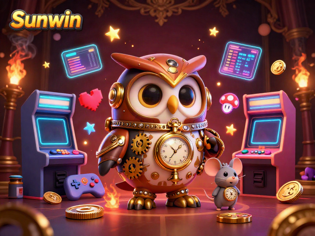 Engage in exciting gameplay at Sunwin with a vibrant 3D casino scene featuring steampunk characters and gaming elements.