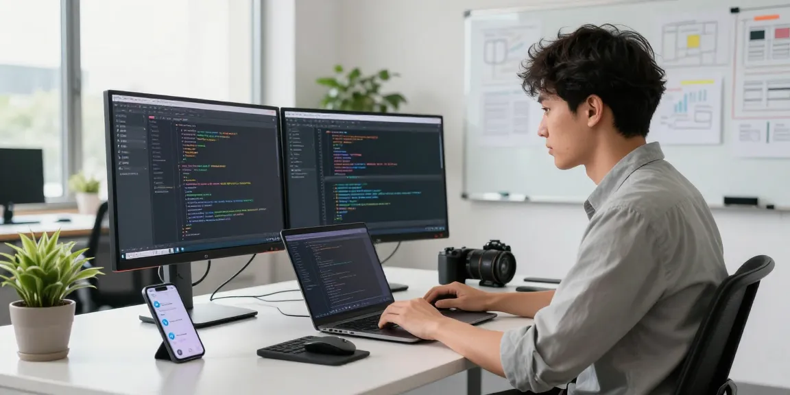 Download Telegram on a developer's laptop amid a vibrant workspace.