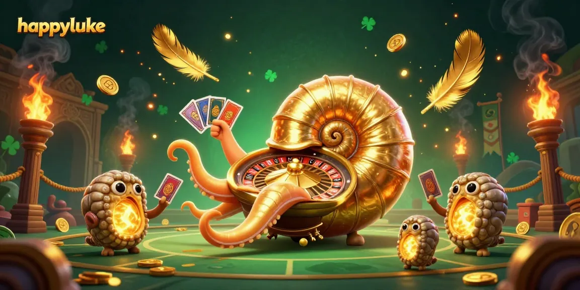 Experience the excitement at Happyluke with a vibrant 3D casino scene featuring a dynamic ancient nautilus roulette wheel and glowing ammonites.
