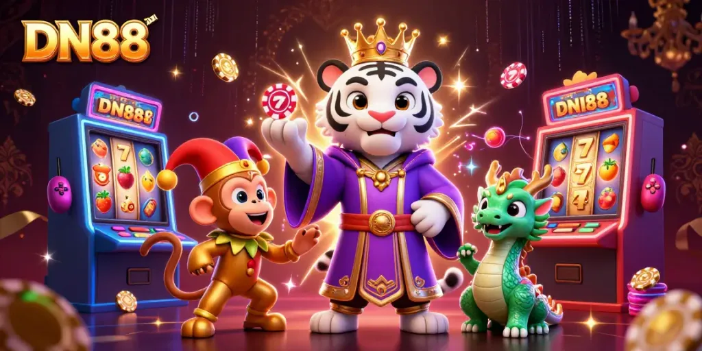 Dynamic casino scene showcasing DN88 with a white tiger, monkey, and jade dragon amid colorful slot machines.