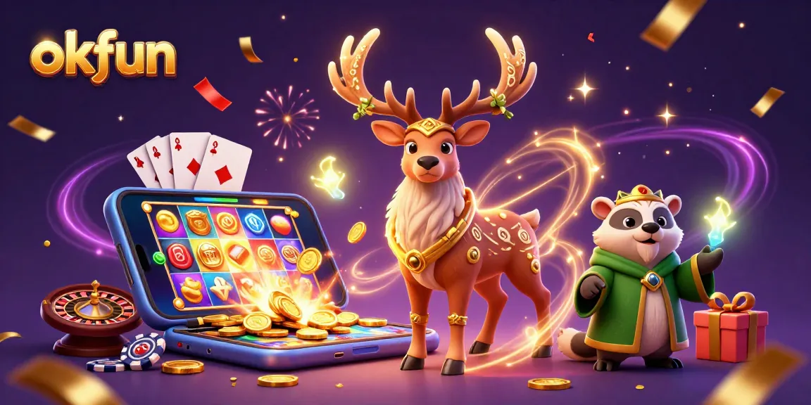Experience thrilling slots at okfun with a vibrant 3D casino illustration showcasing dynamic gaming action.