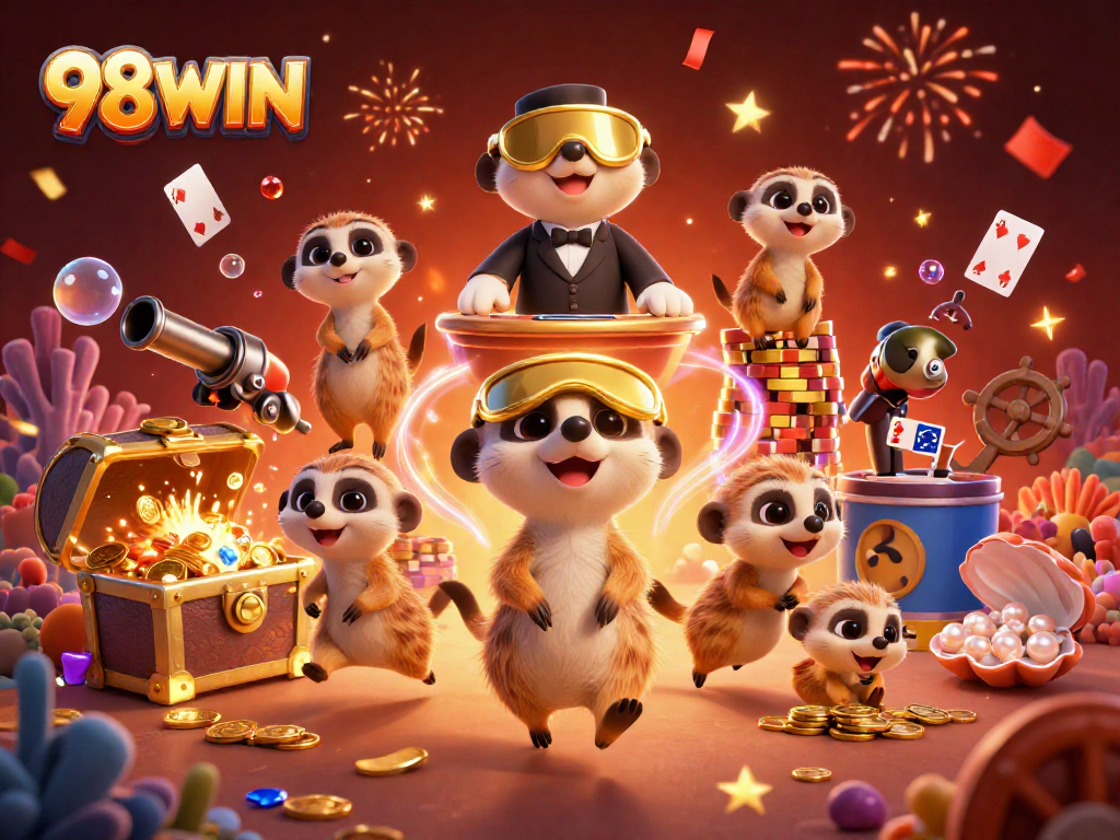 Experience thrilling gaming moments at 98WIN's vibrant casino scene with playful meerkats.