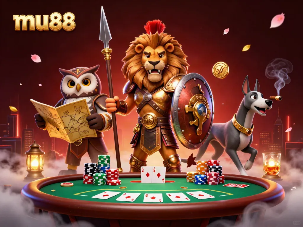 Experience thrilling gameplay with mu88's poker scene featuring a Spartan lion and tactical characters.