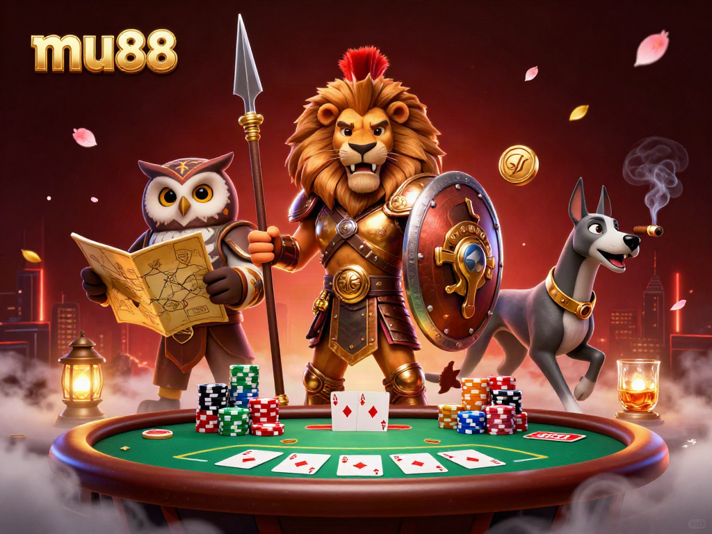 Experience thrilling gameplay with mu88's poker scene featuring a Spartan lion and tactical characters.