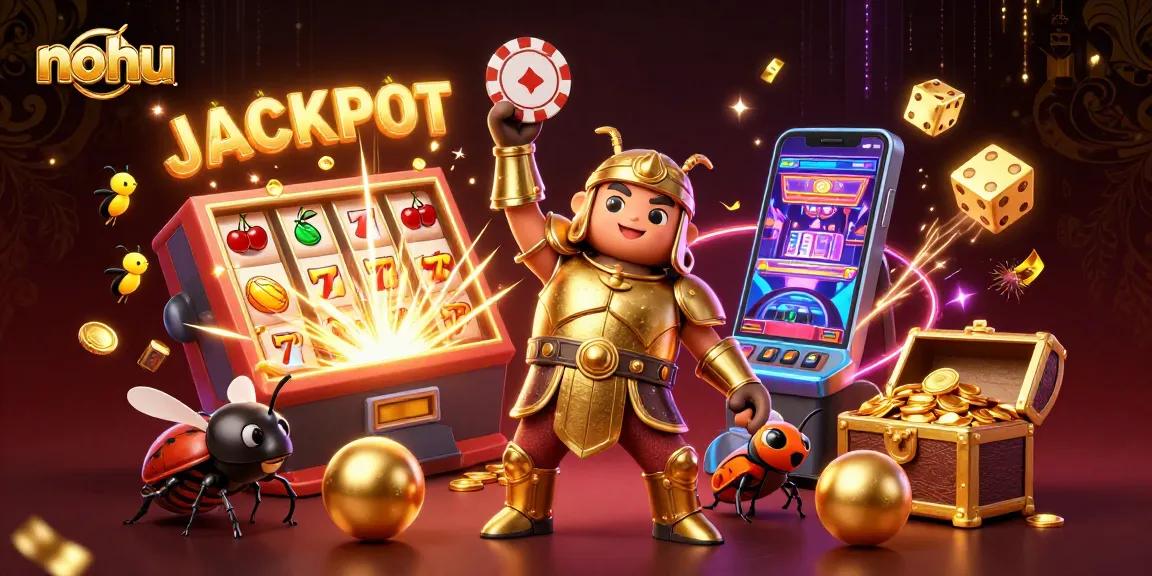 Nohu brand promotion features a triumphant beetle character amid casino-themed excitement.