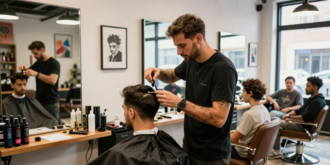 Barbershop rokok88 scene showing skilled barber styling hair with modern tools and inviting ambiance.