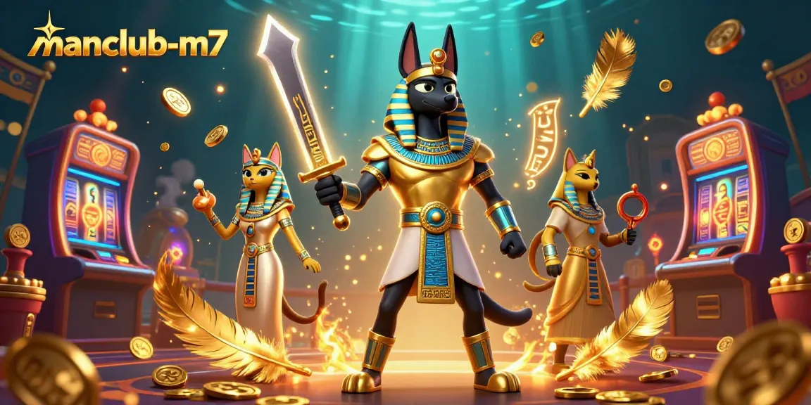 Win big at manclub-m7 with a vibrant casino scene featuring Anubis and Bastet.