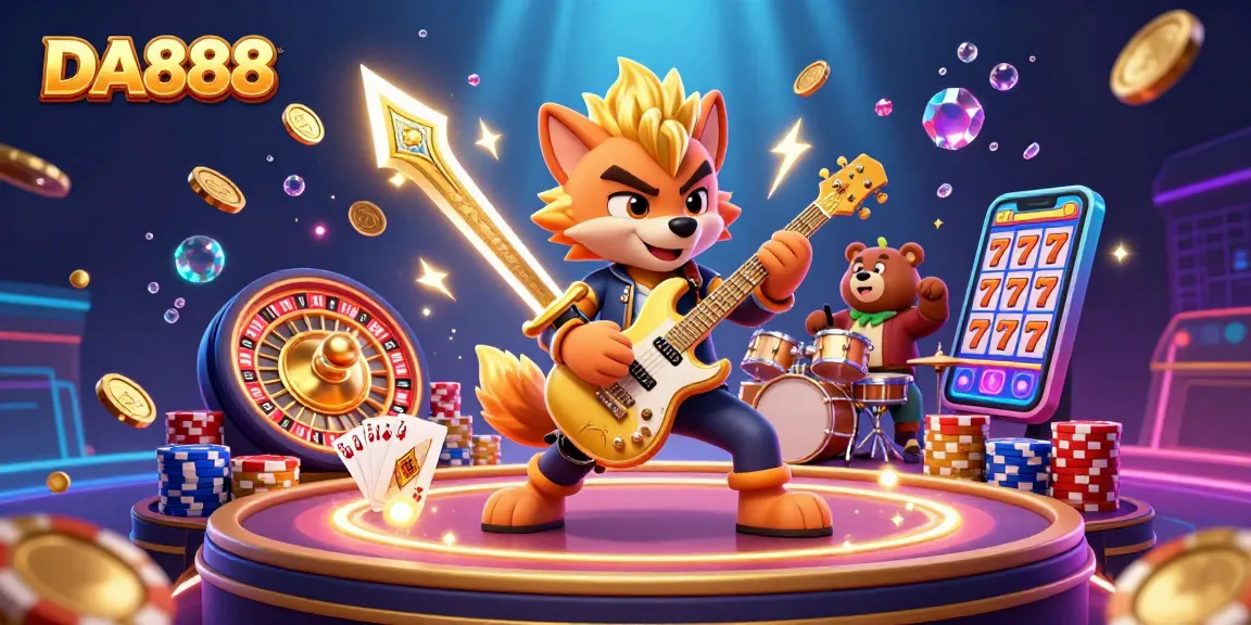 Experience the thrill of DA888 with this vibrant 3D casino illustration showcasing a rock star wolf and drummer bear.