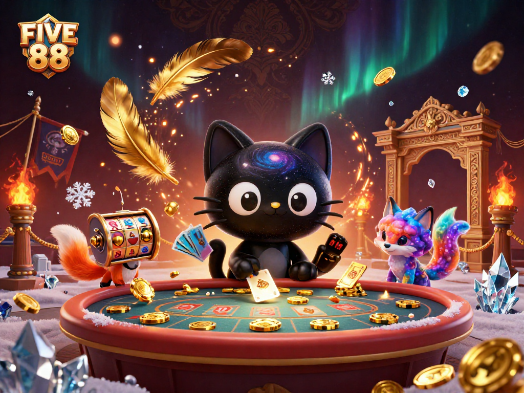 Experience FIVE 88 excitement as a black hole cat pulls in golden chips at a cosmic casino.