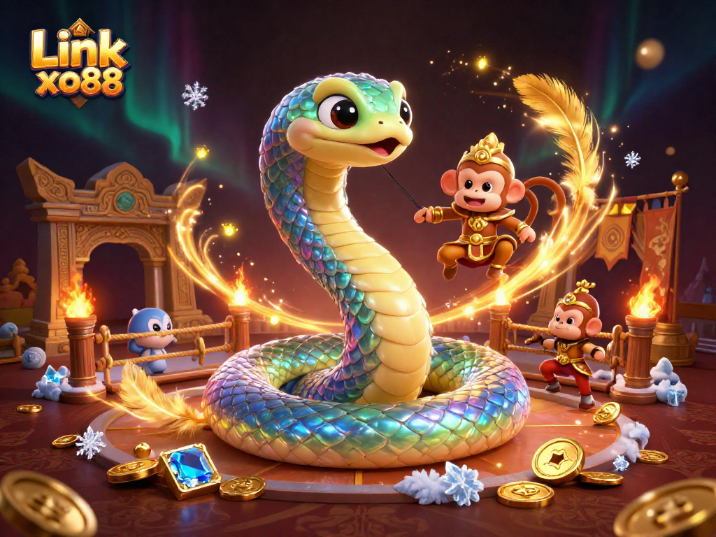 Experience the excitement of Link xo88 with vibrant characters and rich casino elements in a stunning 3D illustration.