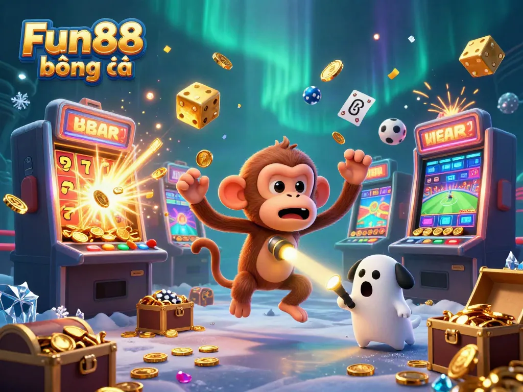 Engage with Fun88 bóng đá as a playful poltergeist monkey juggles casino elements amid a lively betting atmosphere.