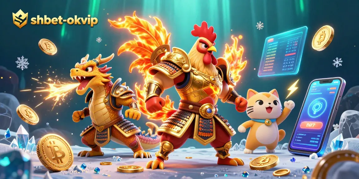 Engage with the exciting world of shbet-okvip, featuring a vibrant 3D illustration of a warrior rooster and dragon.