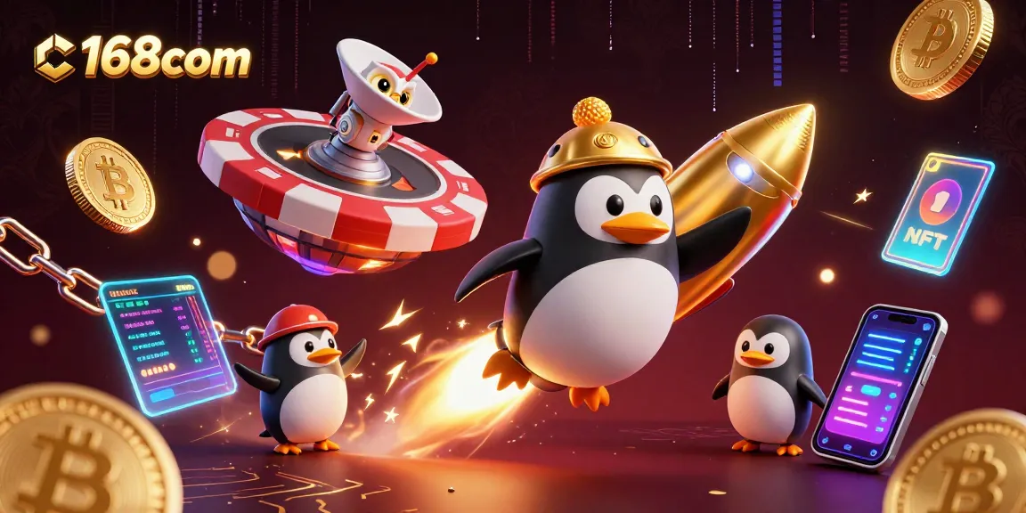 Engage with c168com's exciting casino universe featuring a vibrant golden penguin and crypto elements.