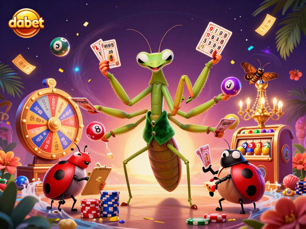 dabet offers a lively 3D scene with a giant praying mantis card sharp and ladybug pit boss overseeing vibrant lottery elements