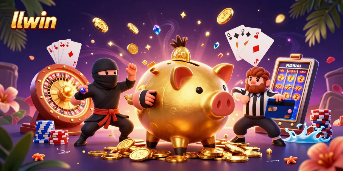 Experience thrilling gaming action with llwin's vibrant 3D illustration featuring casino elements.