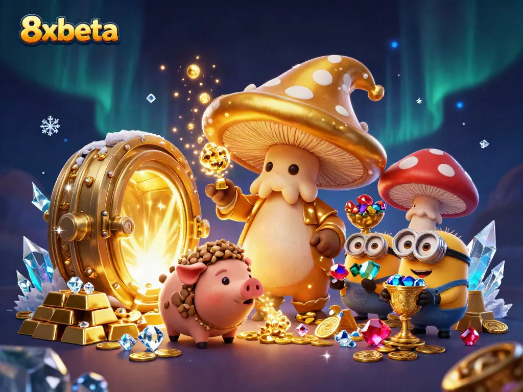Experience the excitement of 8xbeta's dynamic gaming world, featuring vibrant golden treasures and lively characters.